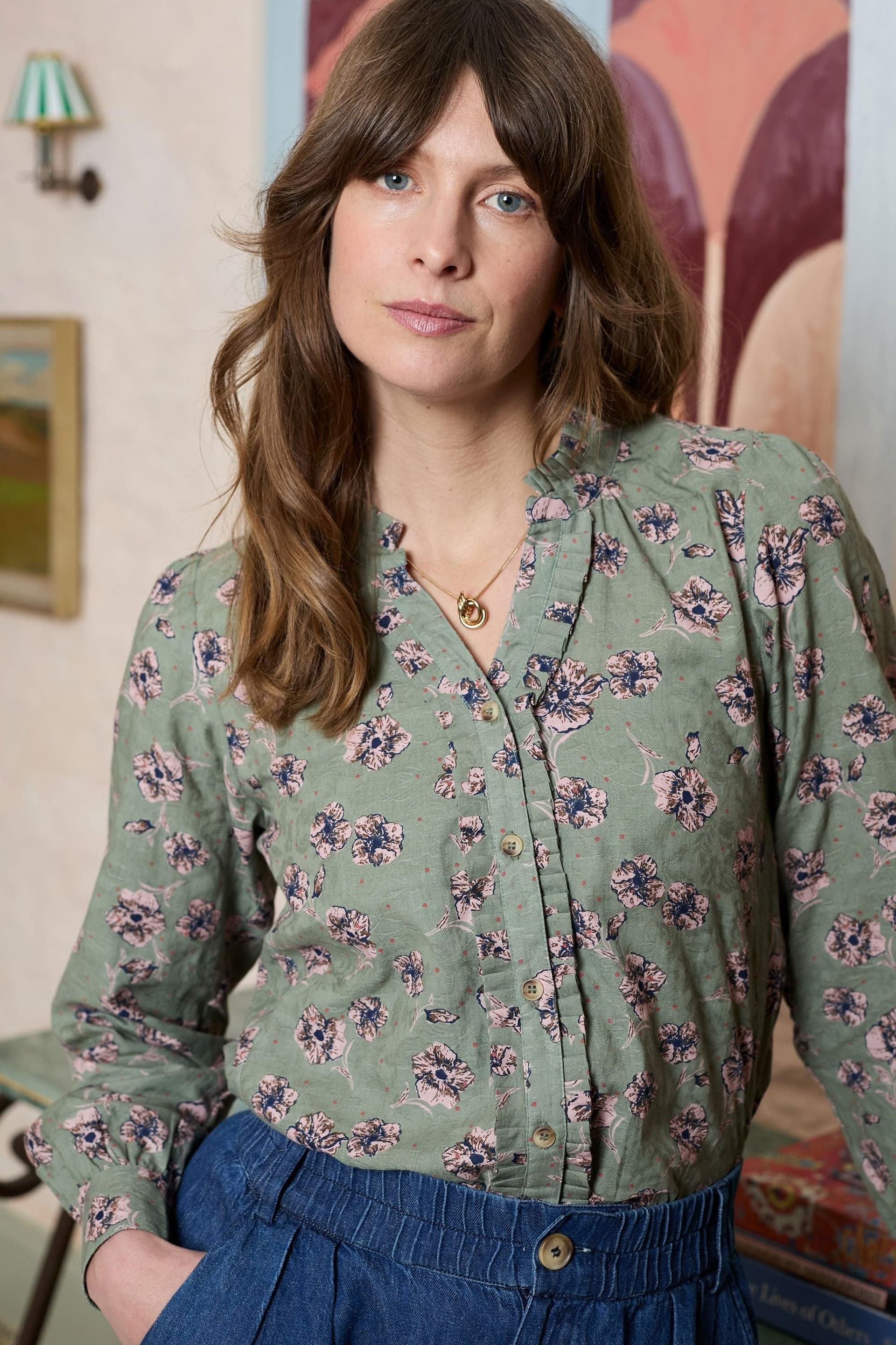 Lily & Me Lily & Me Women's Sage Textured Cotton Frill Blouse with V-neckline in Olive