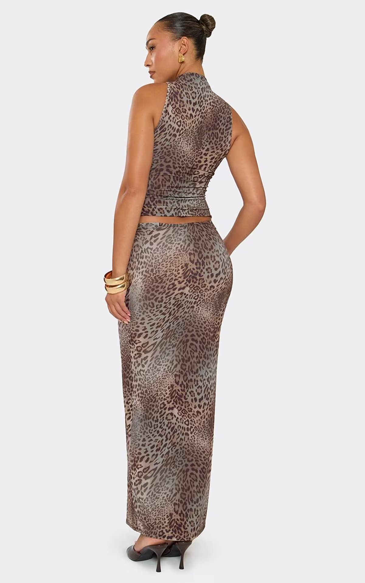 EGO Mid Rise Cut Out Detail Maxi Skirt In Brown Leopard Print., Women's Size UK 6