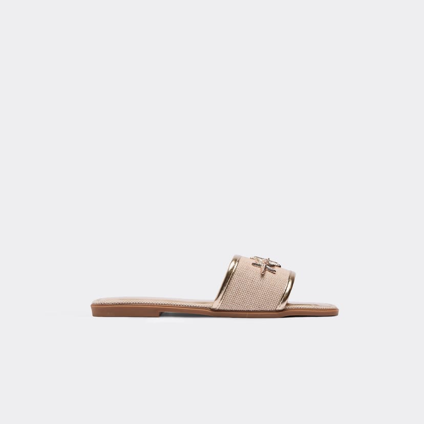 EGO Harilee Contrast Woven Starfish Detail Flat Slider Sandal In Gold Faux Leather, Women's Size UK 3 - 1
