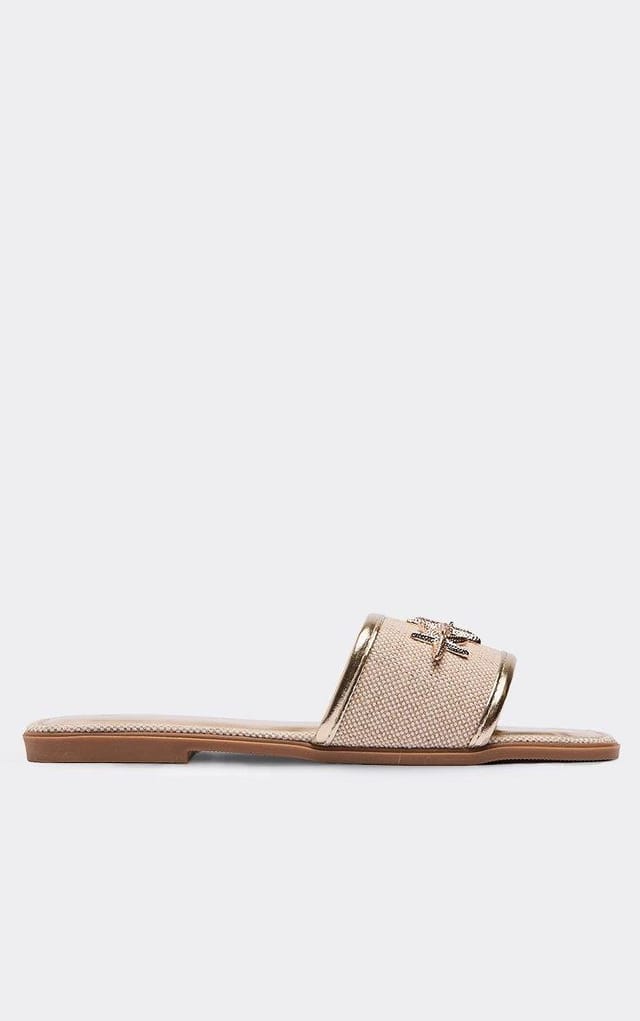 EGO Harilee Contrast Woven Starfish Detail Flat Slider Sandal In Gold Faux Leather, Women's Size UK 3 - 2