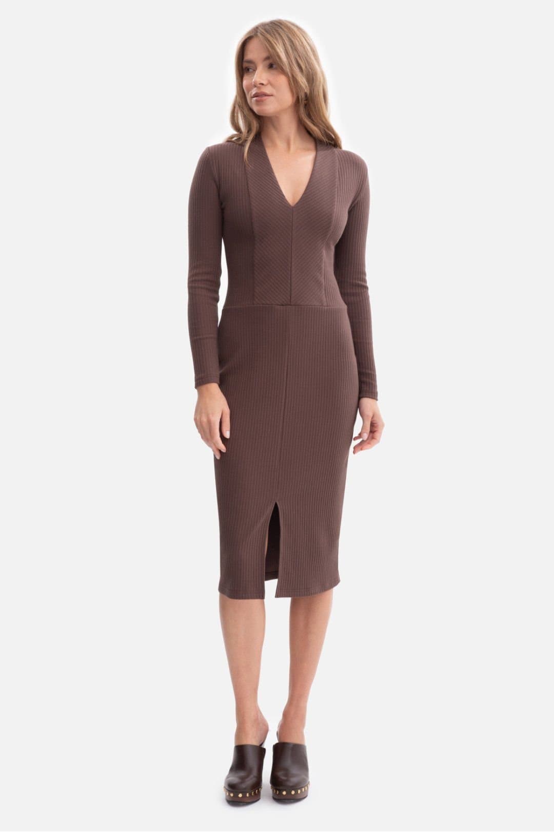 Love Lace Love Lace Women's Ribbed V Neck Midi Fitted Dress with Slit Style 218637 in Brown