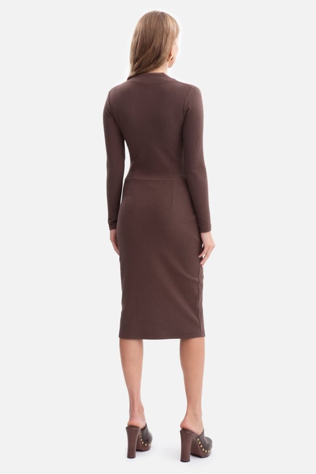 Love Lace Love Lace Women's Ribbed V Neck Midi Fitted Dress with Slit Style 218637 in Brown - 2