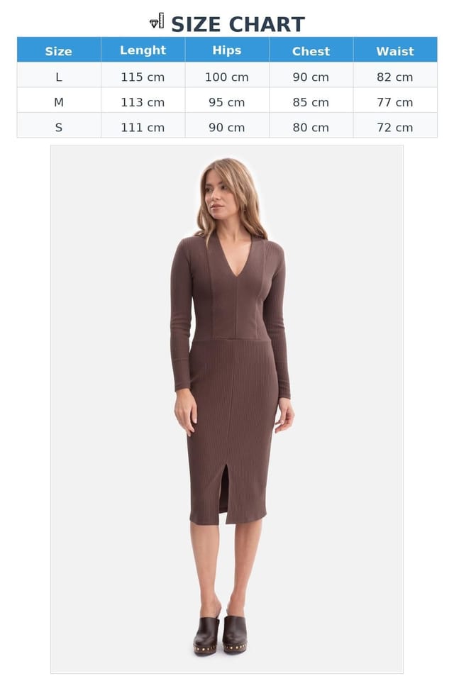 Love Lace Love Lace Women's Ribbed V Neck Midi Fitted Dress with Slit Style 218637 in Brown - 3