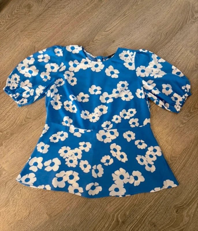M&S Blue & White Floral Print Puff Sleeve Peplum Top UK 14