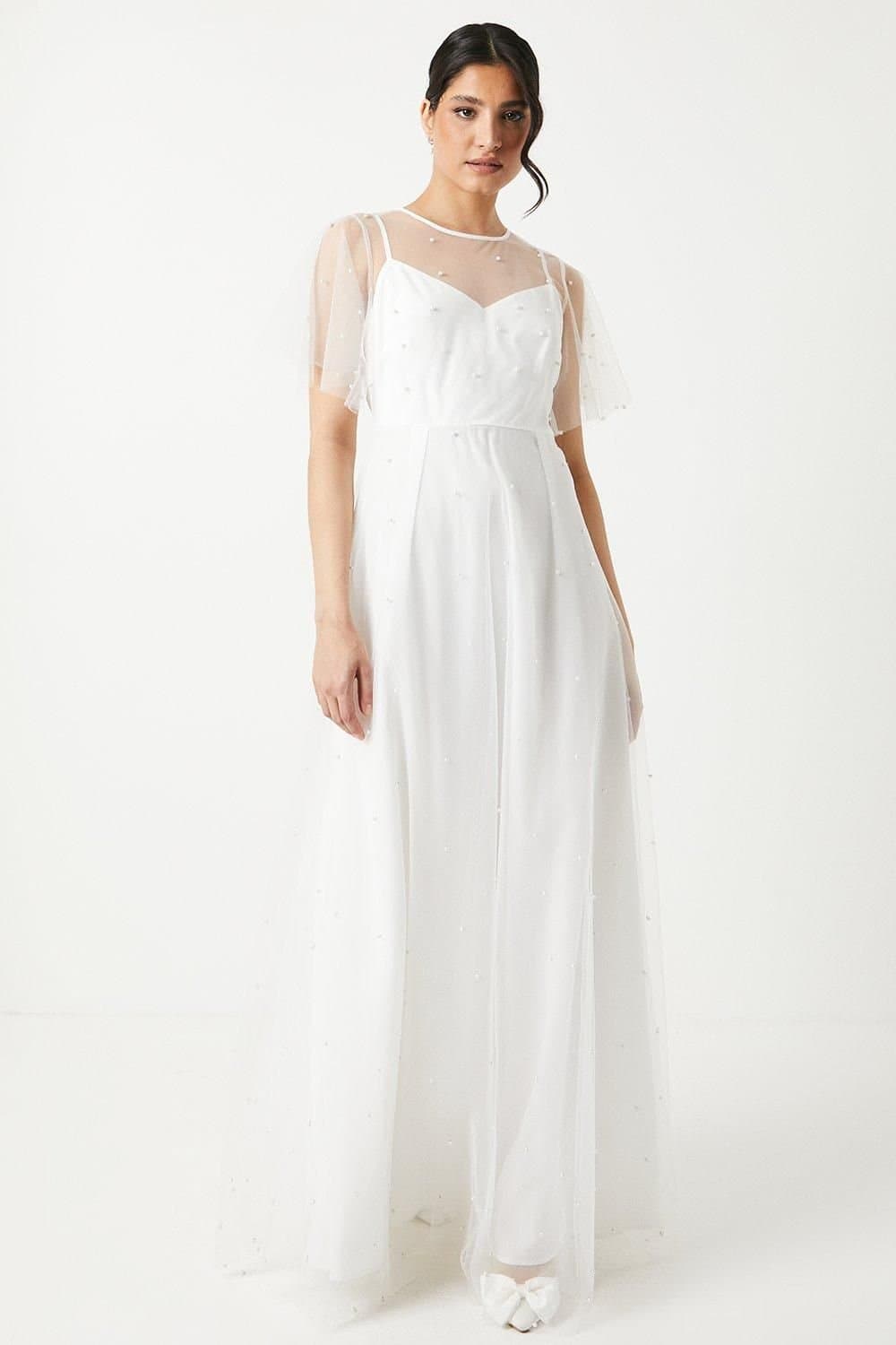 Coast Coast Women's Pearl Embellished Mesh Wedding Dress in Ivory