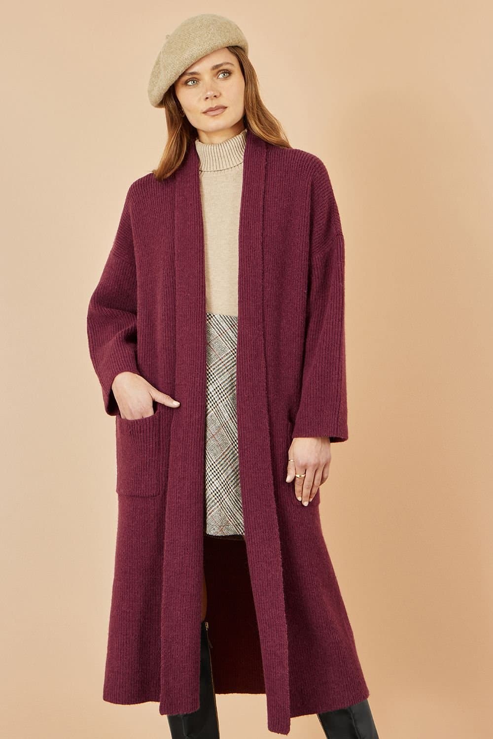 Yumi Yumi Burgundy Knitted Maxi Cardigan With Pockets
