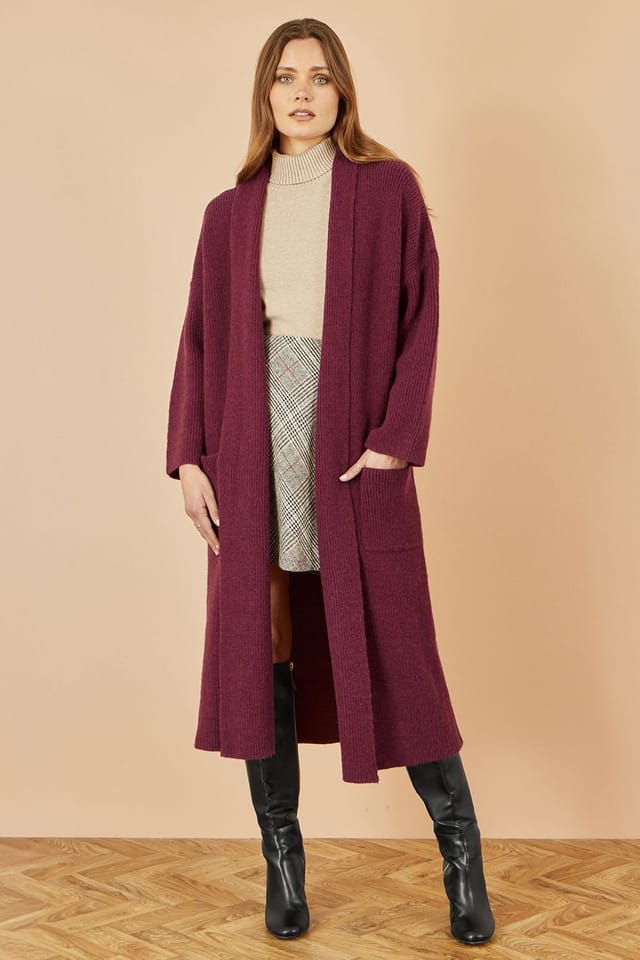 Yumi Yumi Women's Burgundy Knitted Maxi Cardigan With Pockets - 3