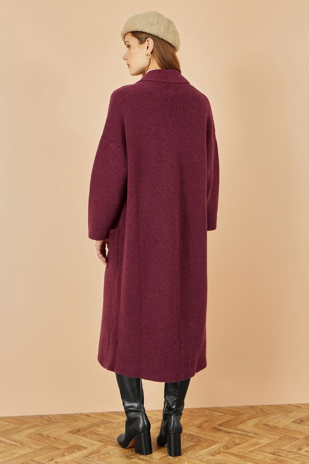 Yumi Yumi Women's Burgundy Knitted Maxi Cardigan With Pockets - 4