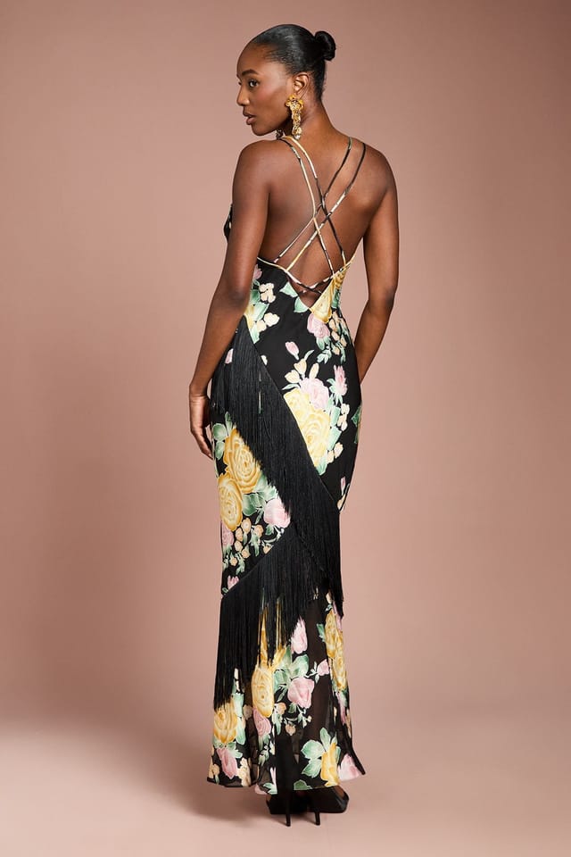 Coast Coast Women's Strappy Satin Jacquard Fringe Detail Maxi Dress in Black - 3