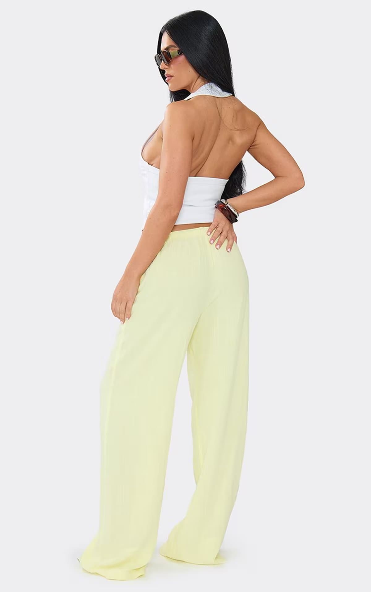 EGO Mid Rise Straight Leg Trousers In Lemon Linen, Women's Size UK 6