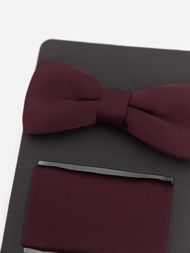 Maya Deluxe Maya Deluxe Men's Satin Bow Tie Pocket Square Set in Burgundy - 2