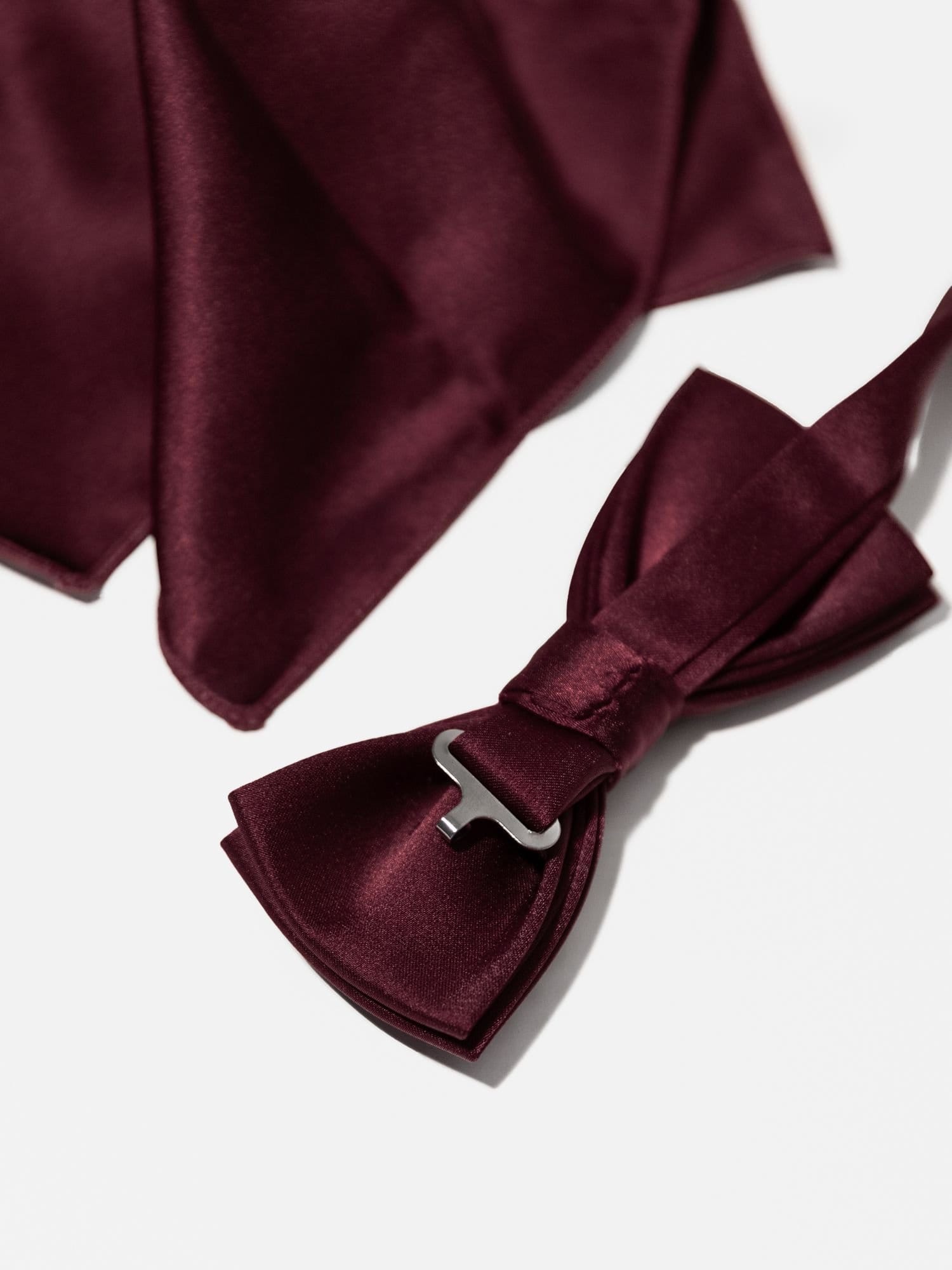 Maya Deluxe Maya Deluxe Men's Satin Bow Tie Pocket Square Set in Burgundy - 4