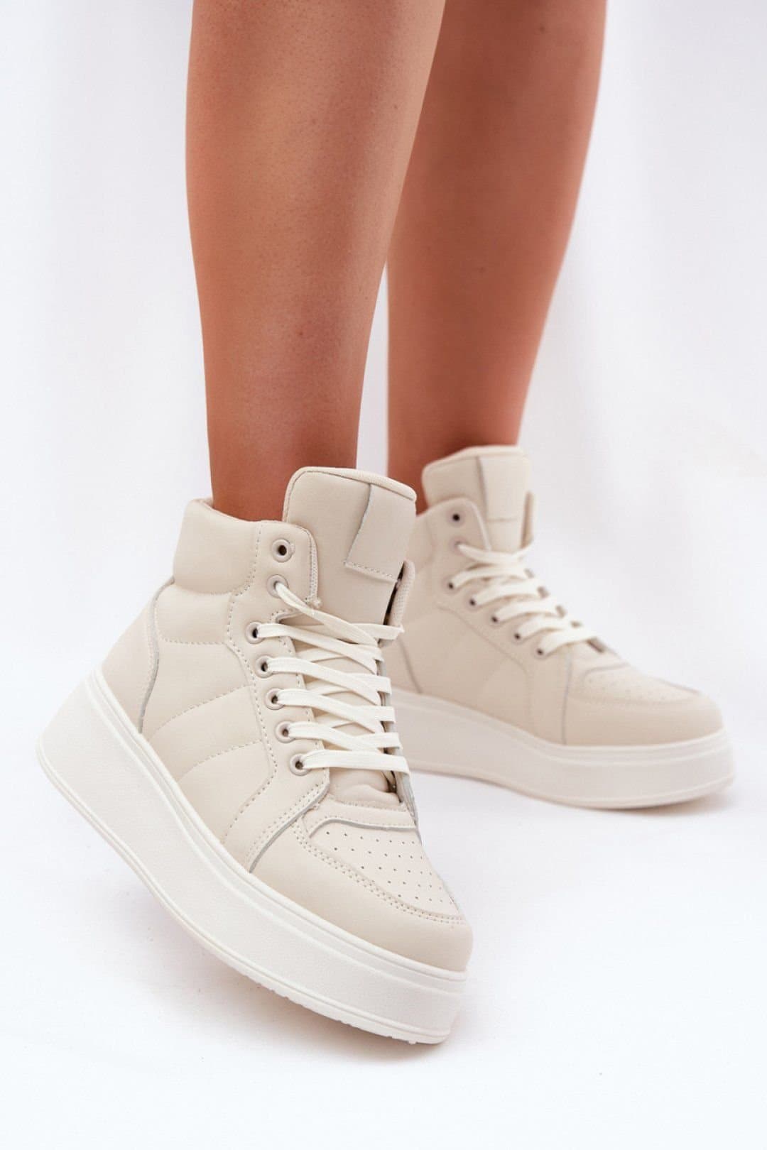 Love Lace Love Lace Beige Platform High Top Lace-Up Sneakers