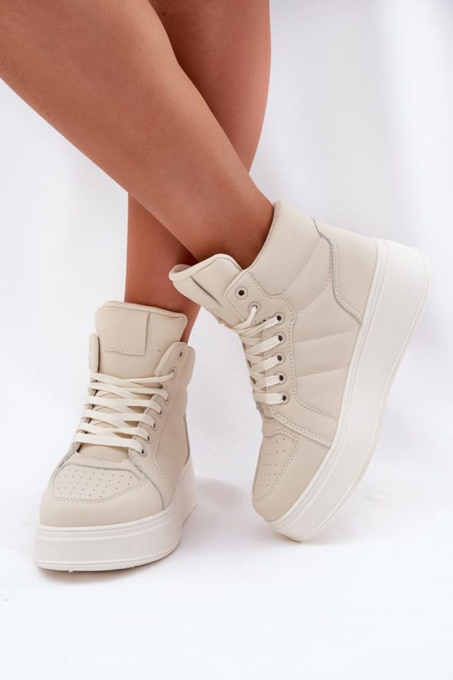 Love Lace Love Lace Women's Platform High Top Lace Up Sneakers with Smooth Upper in Beige - 3
