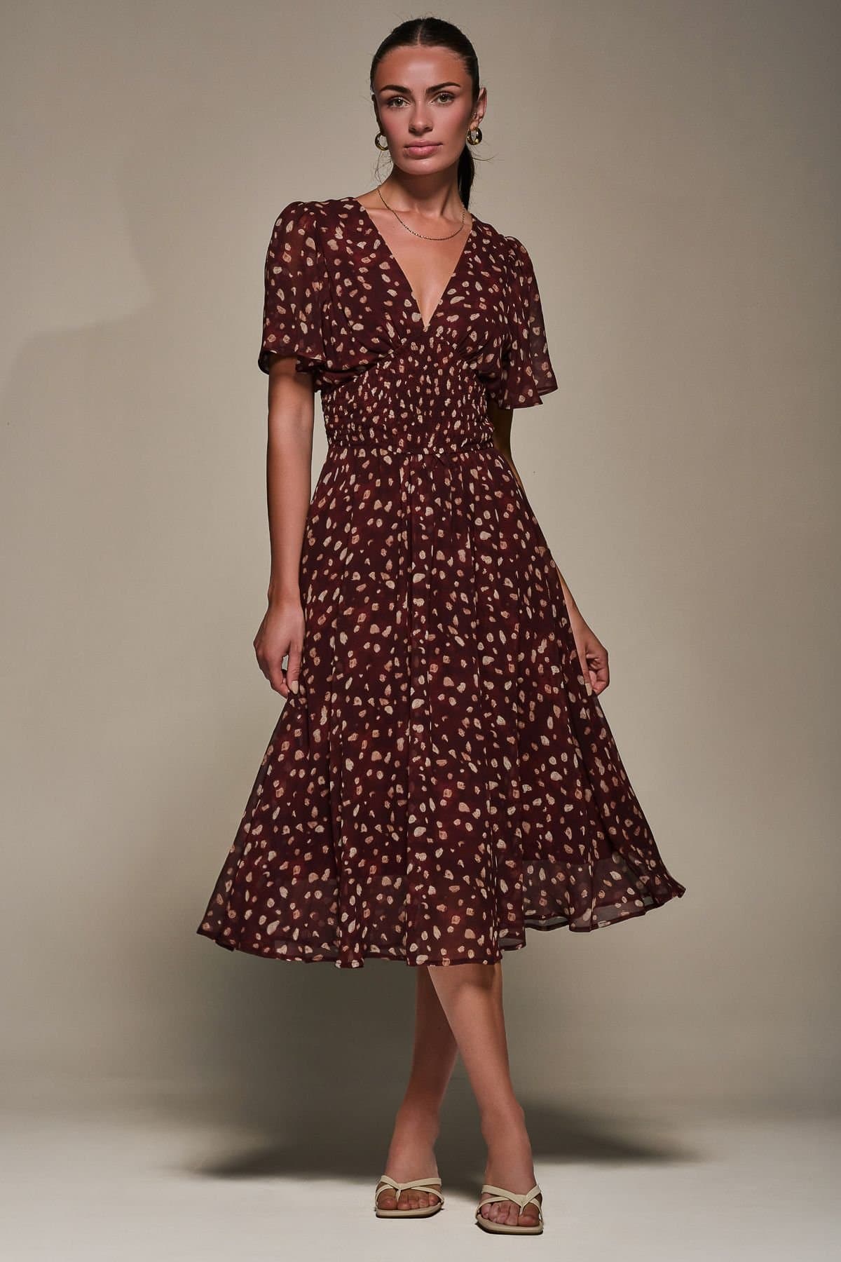 Jolie Moi Jolie Moi Women's Chiffon Tie Back Detail Midi Dress in Burgundy