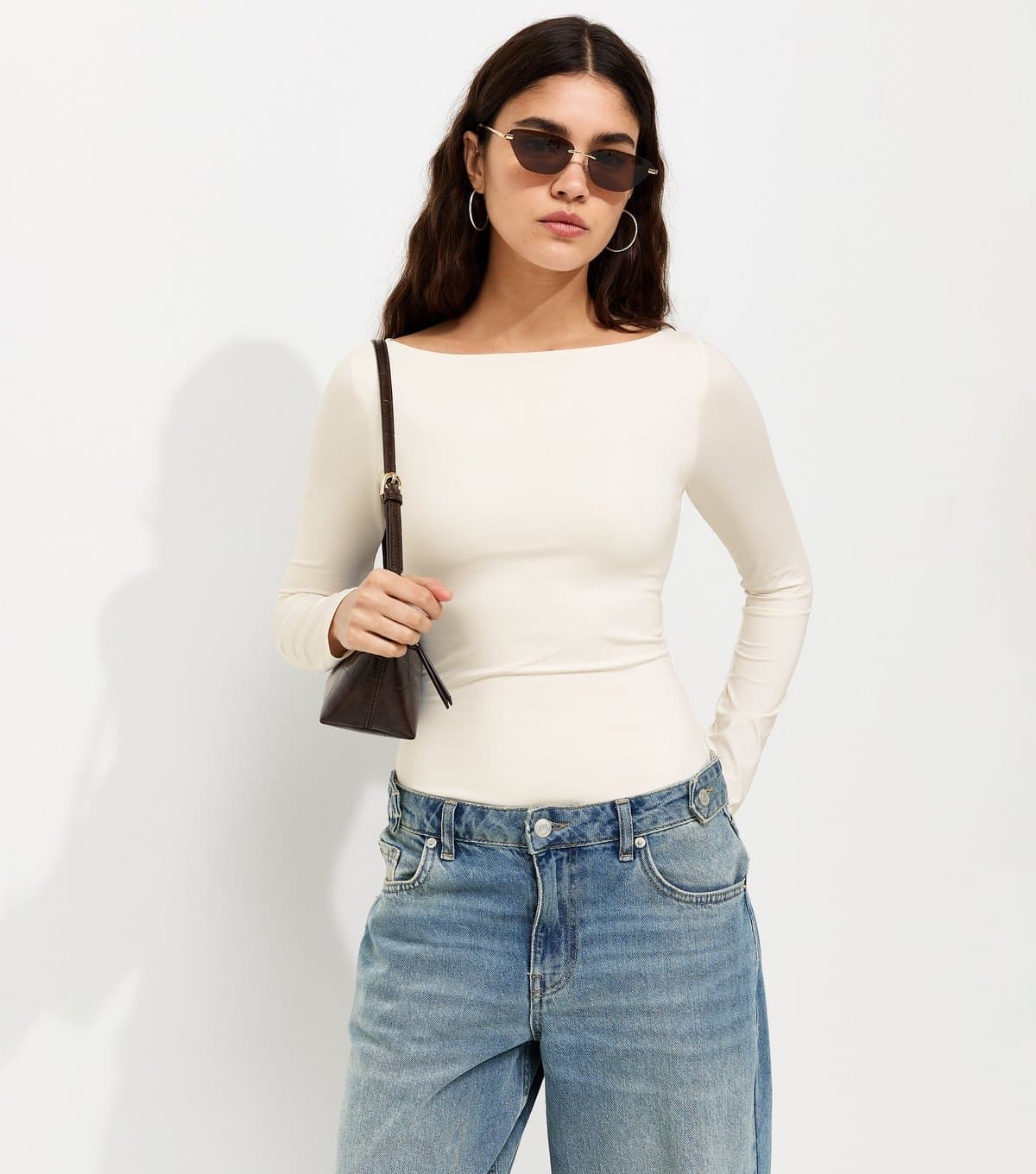 New Look Women's Off White Slinky Long Sleeve Slash Neck Bodysuit New Look