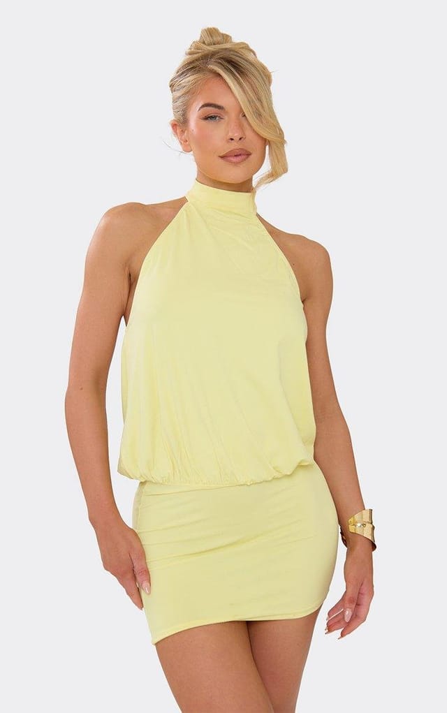 EGO High Neck Racer Back Mini Dress In Lemon, Women's Size UK 6 - 2