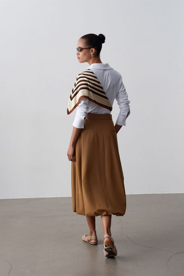 Dilvin Dilvin Women's High-waist Belted Midi Balloon Skirt in Camel - 2