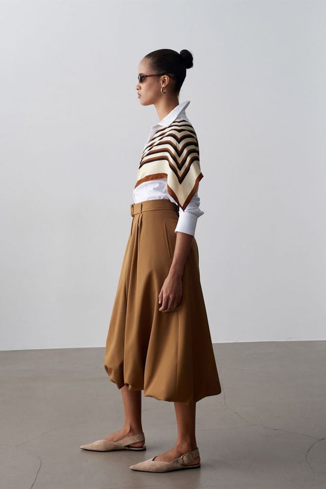 Dilvin Dilvin Women's High-waist Belted Midi Balloon Skirt in Camel - 3