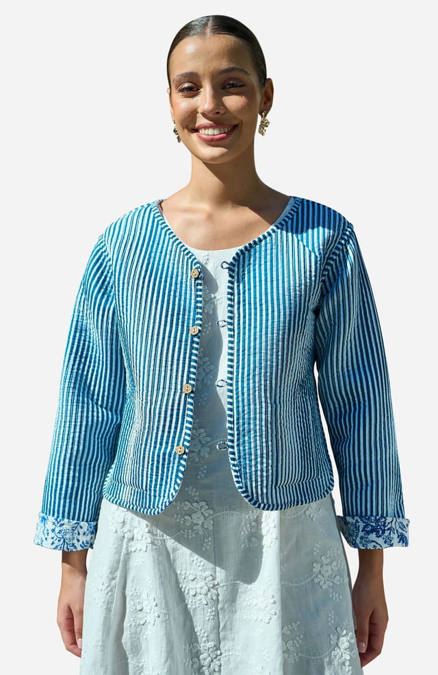 Yumi Yumi Women's Indian Print Reversible Cotton Quilted in Light Blue - 2