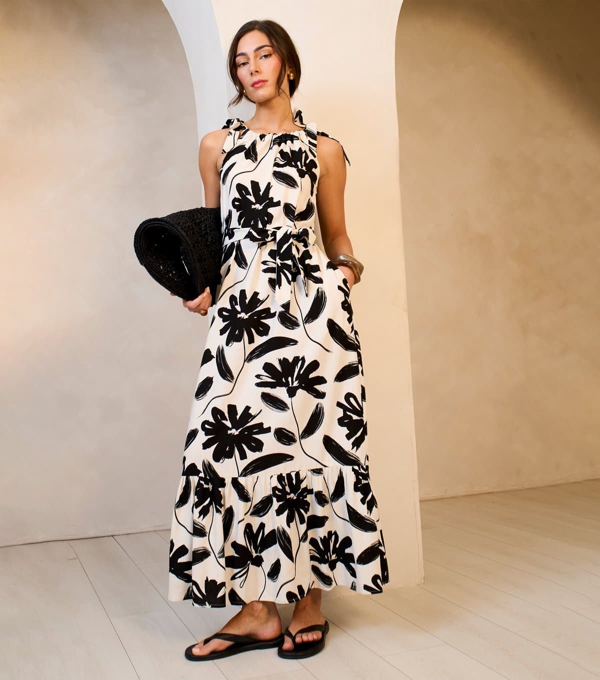 Gini London Women's Black Linen Mix Belted Trapeze Dress Gini London New Look