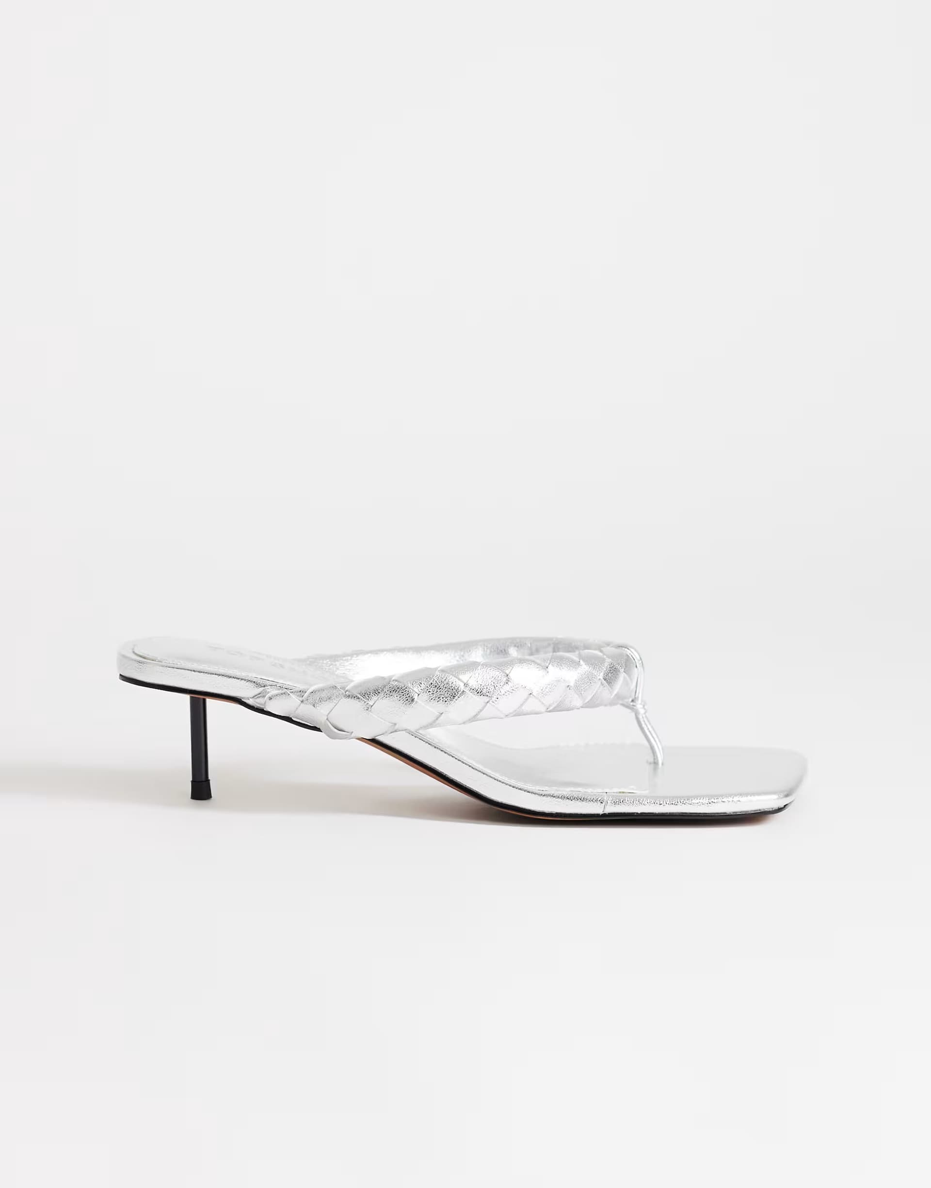 ASOS Topshop Emily pin mid heel woven toe thong sandal in silver