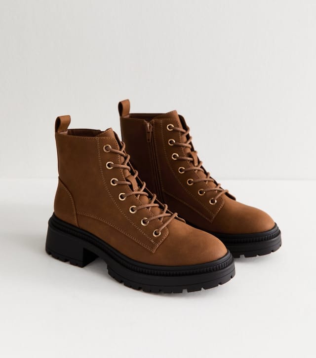 New Look Women's Tan Faux Leather Lace Up Ankle Boots New Look - 3