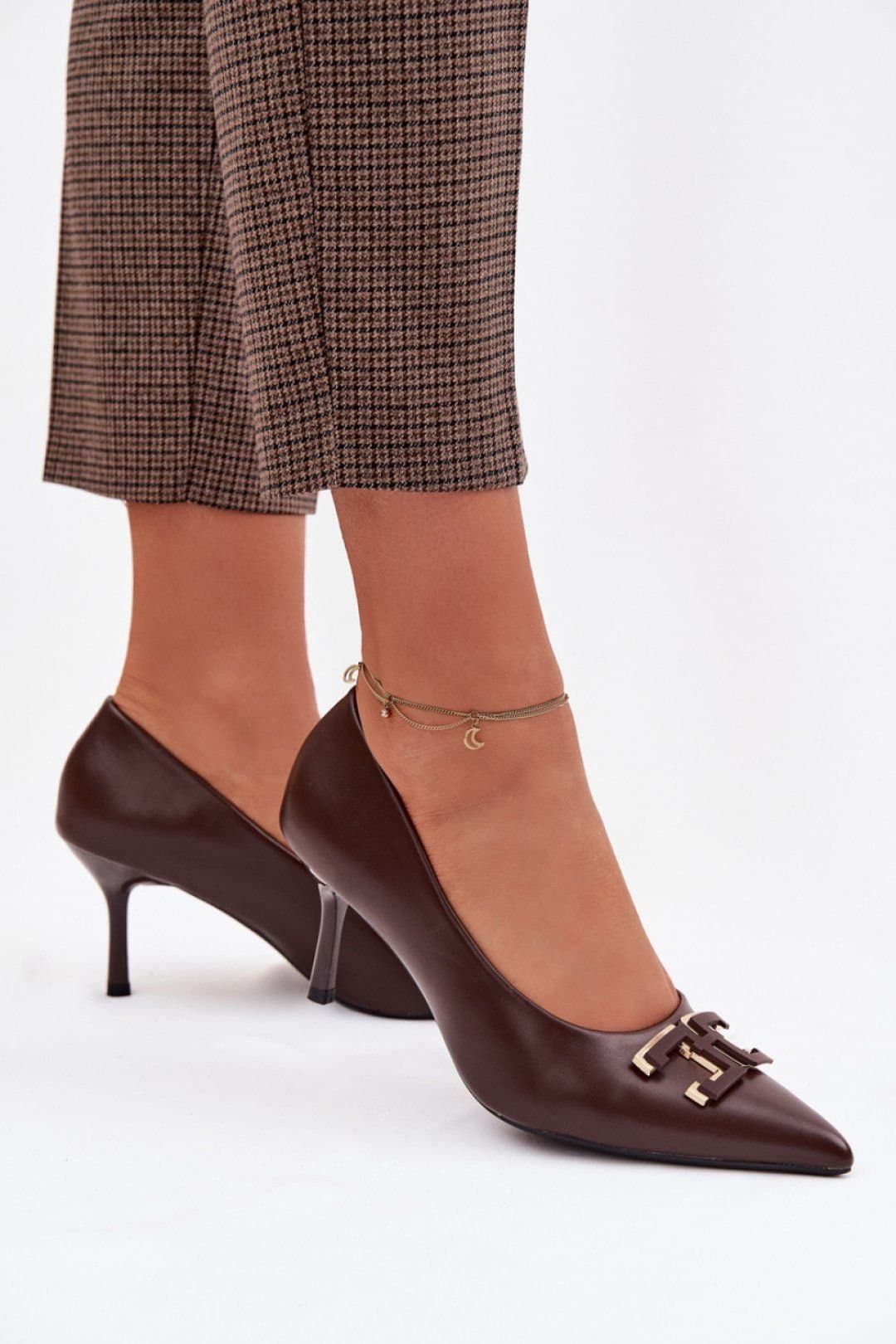 Love Lace Love Lace Women's High Heel Pumps with Pointed Toe & Decorative Charm Front in Brown