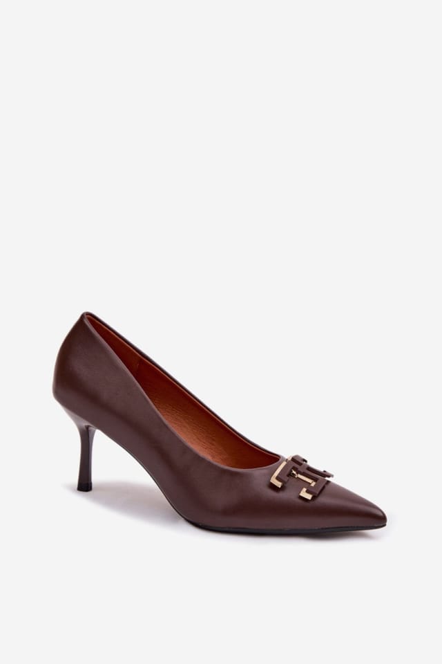 Love Lace Love Lace Women's High Heel Pumps with Pointed Toe & Decorative Charm Front in Brown - 2