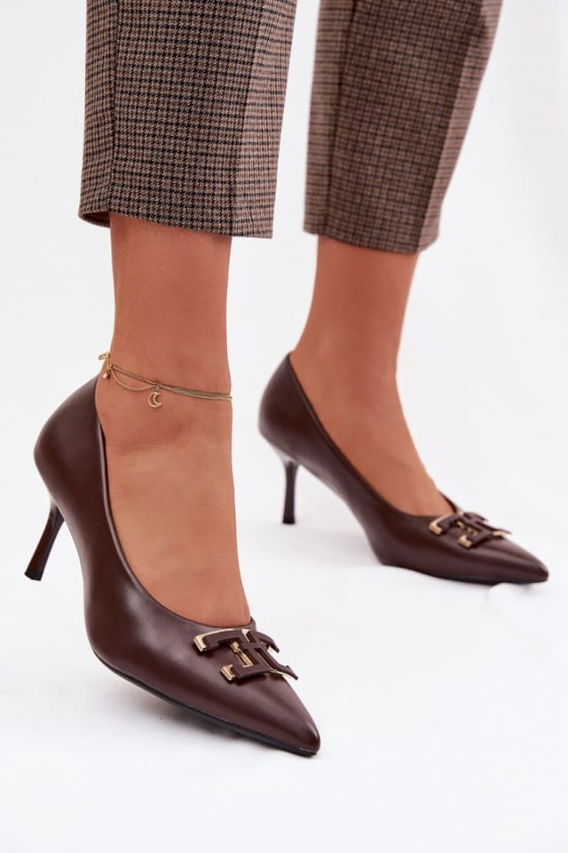 Love Lace Love Lace Women's High Heel Pumps with Pointed Toe & Decorative Charm Front in Brown - 3