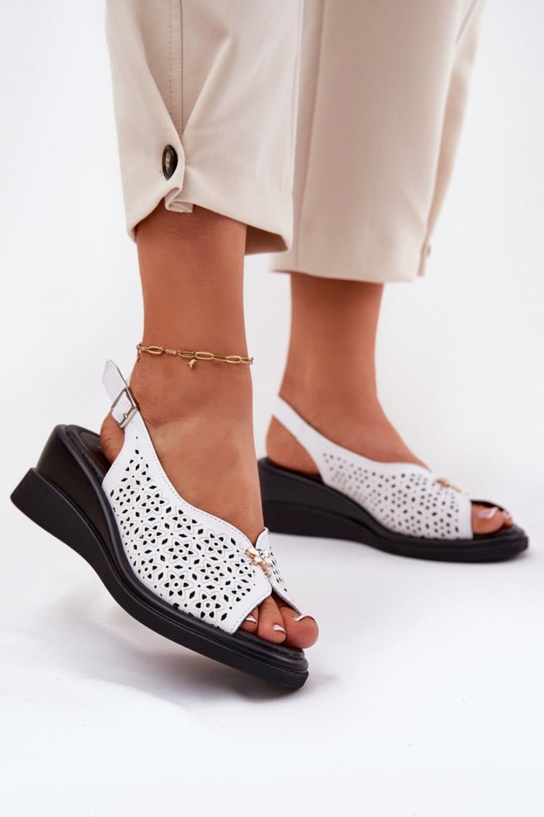 Love Lace Love Lace Women's Natural Lace Up Wedge Sandals with Buckle Comfort in White