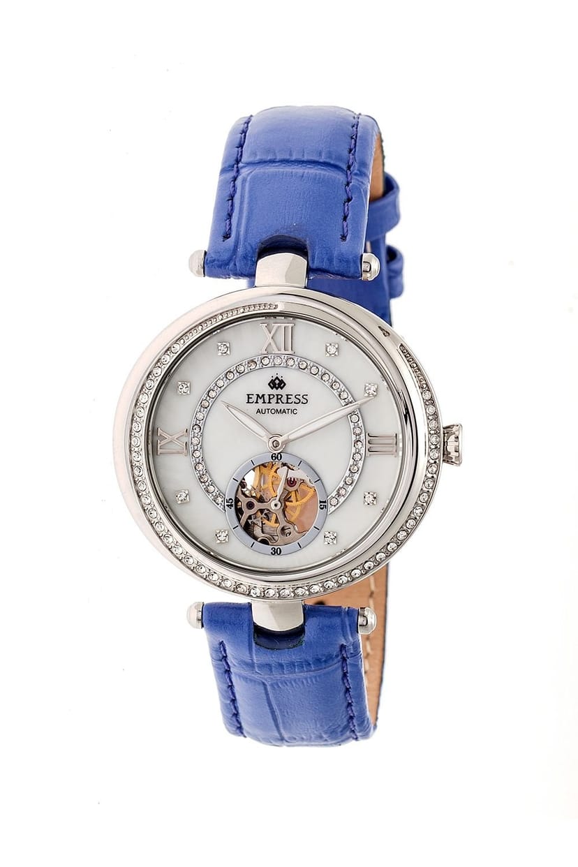 Empress Empress Women's Stella Automatic Semi-Skeleton MOP Leather-Band Watch in Purple - 1
