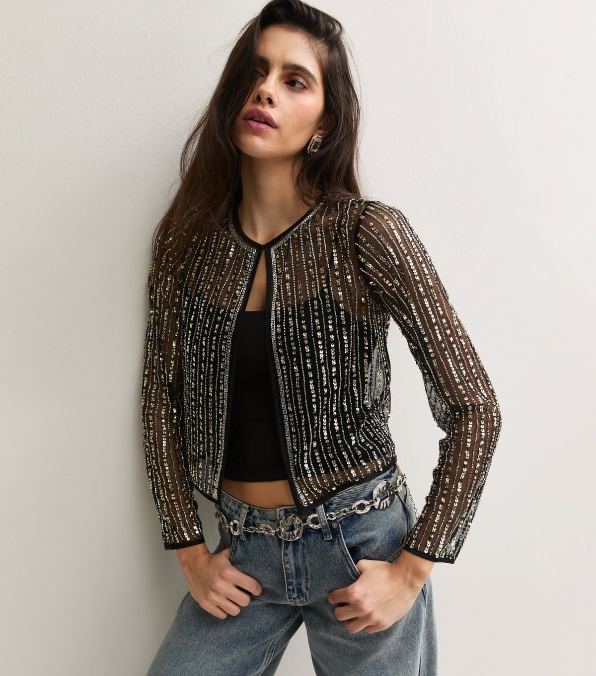 New Look Women's Black Semi Sheer Sequin Embellished Jacket New Look