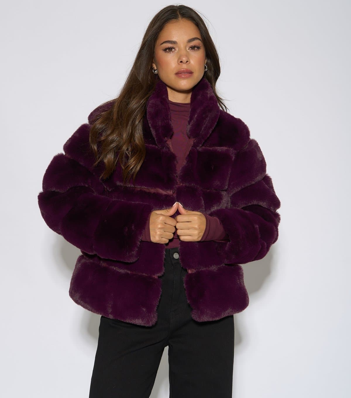 Gini London Women's Dark Burgundy Funnel Neck Faux Fur Jacket Gini London New Look