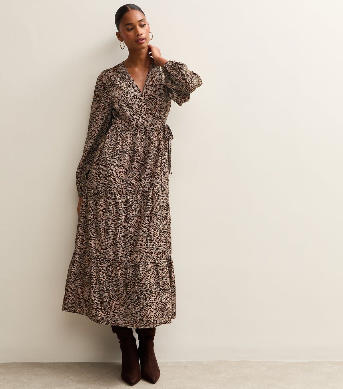 New Look Women's Brown Animal Print Long Sleeve Wrap Midi Dress New Look