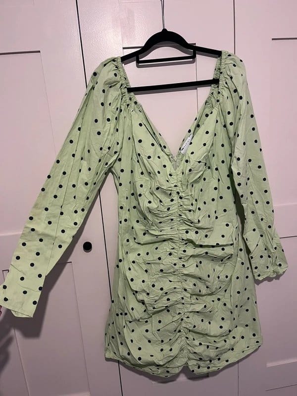 ASOS Green & Black Polka Dot Ruched Mini Dress