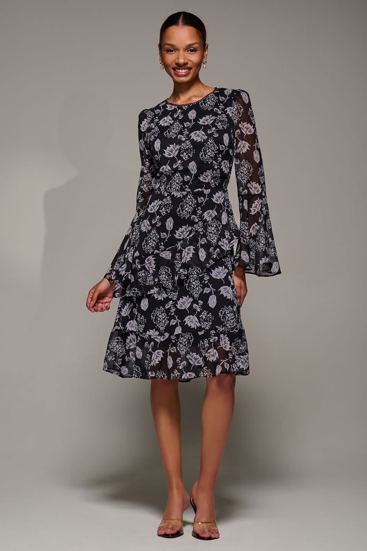 Jolie Moi Jolie Moi Women's Long Sleeve Frill Chiffon Knee-Length Dress in Black