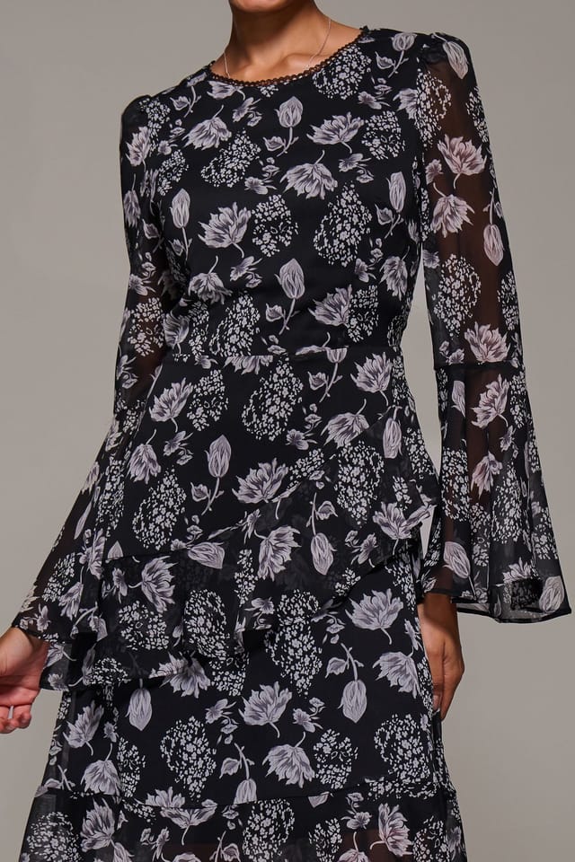 Jolie Moi Jolie Moi Women's Long Sleeve Frill Chiffon Knee-Length Dress in Black - 3