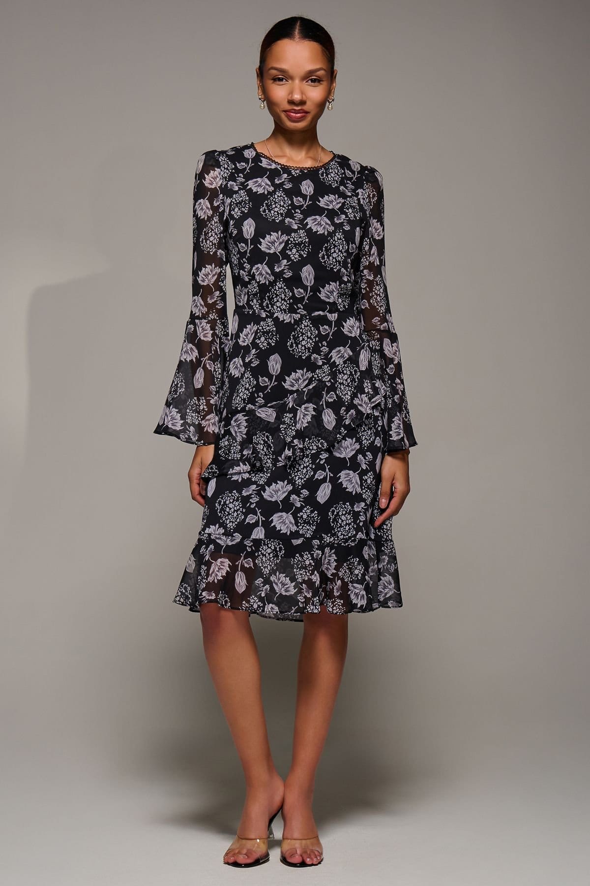 Jolie Moi Jolie Moi Women's Long Sleeve Frill Chiffon Knee-Length Dress in Black - 4