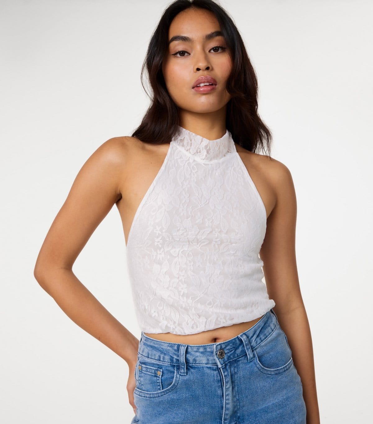 Pink Vanilla Off White Lace Bubble Hem Halter Neck Top
