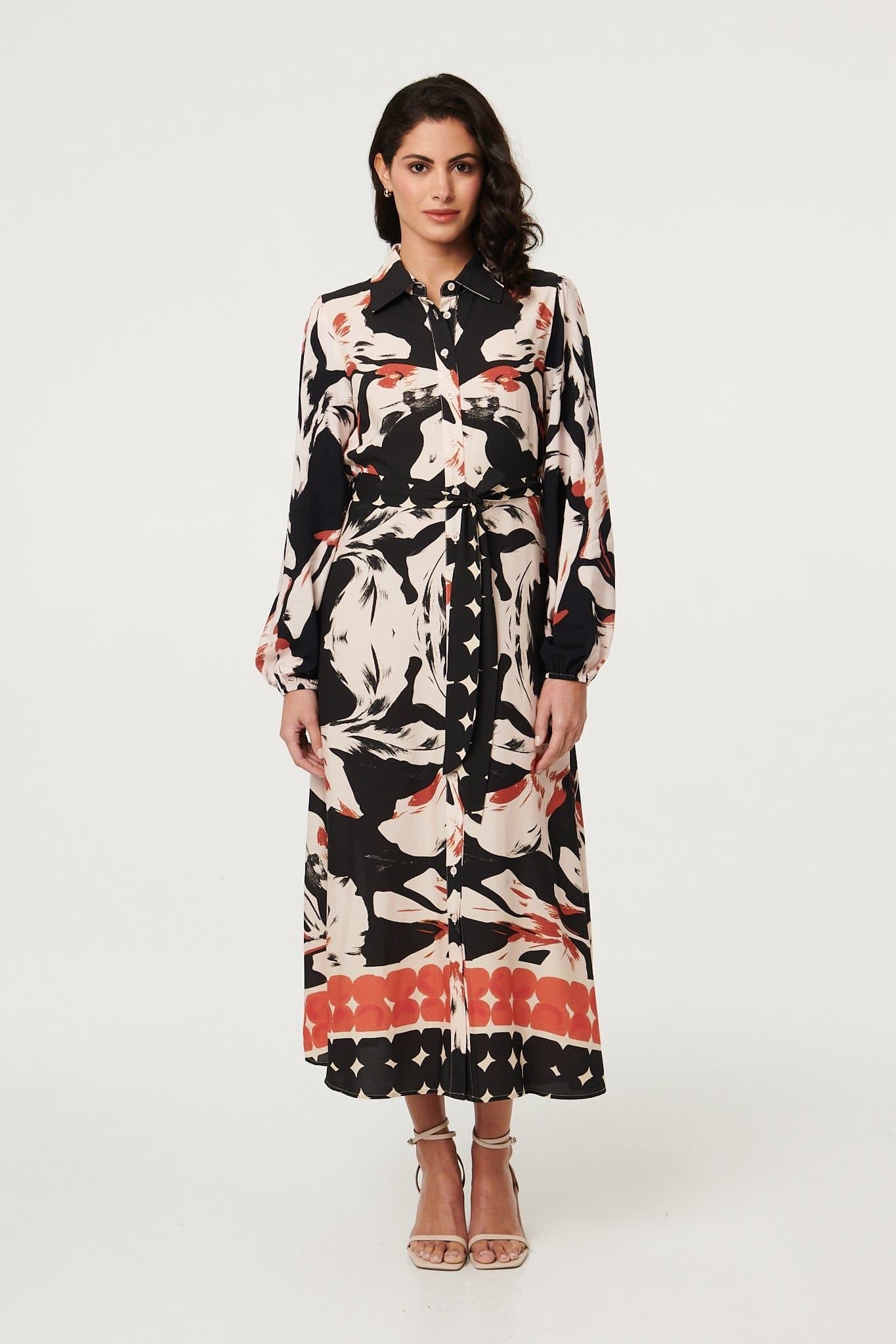 Izabel London Izabel London Women's Abstract Long Sleeve Midi Shirt Dress in Black