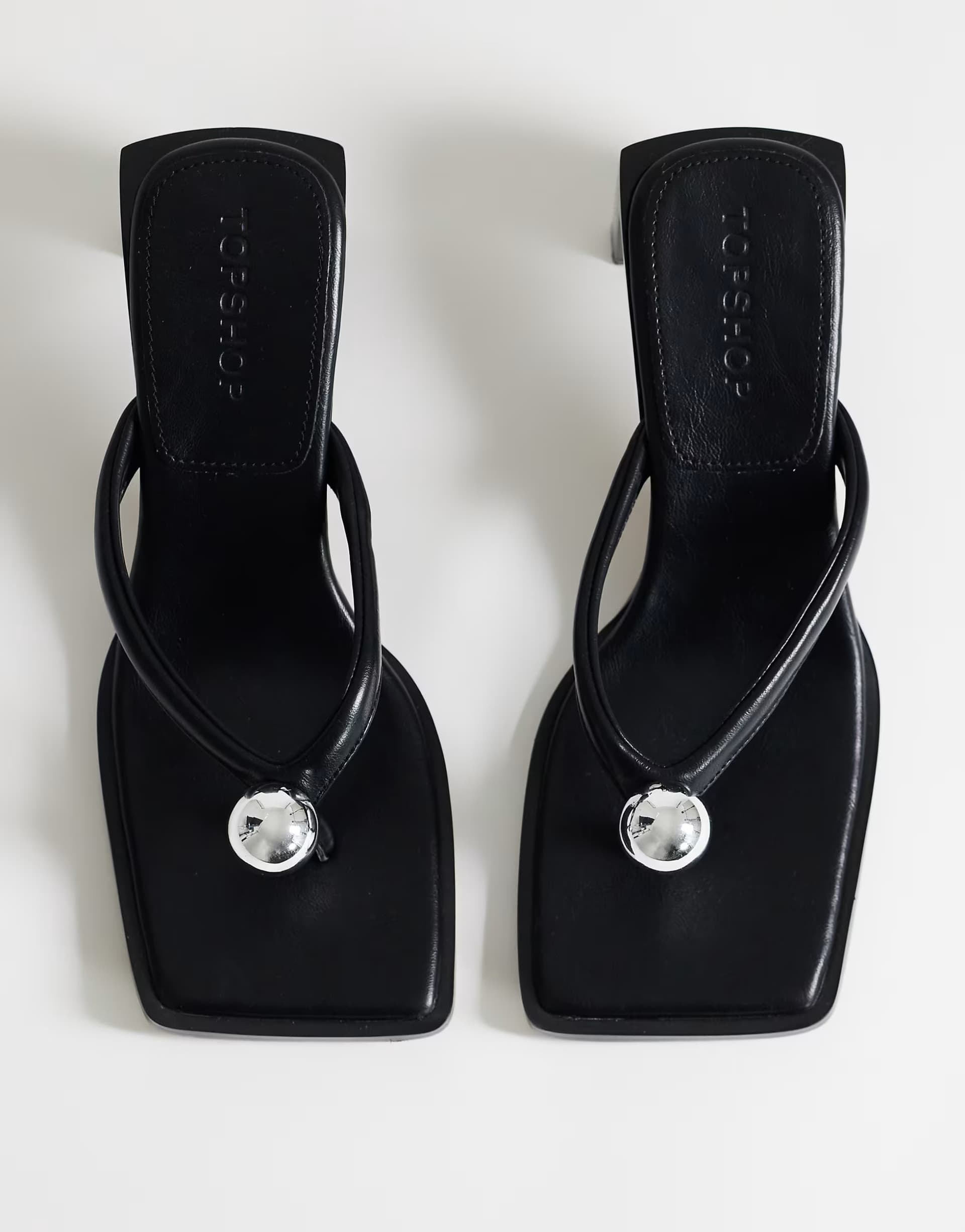 ASOS Topshop Nadeem mid heel toe thong sandal with hardware in black