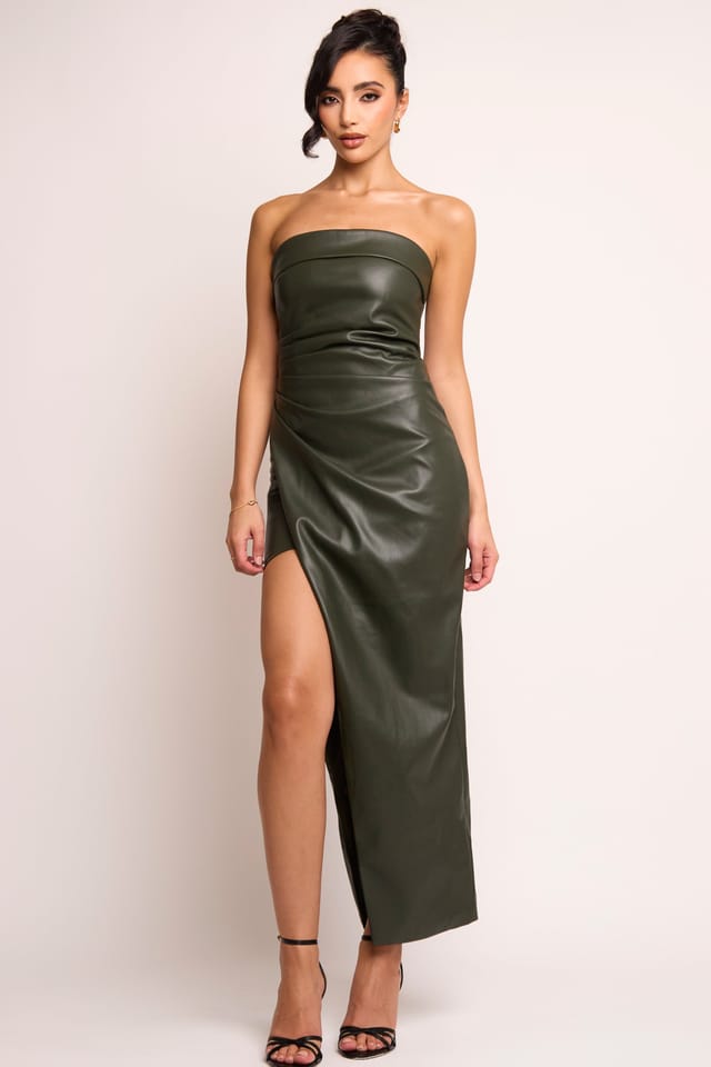 Jaded Rose Jaded Rose Women's Tessa Green Faux Leather Bandeau Wrap Maxi Dress in Dark Olive - 2