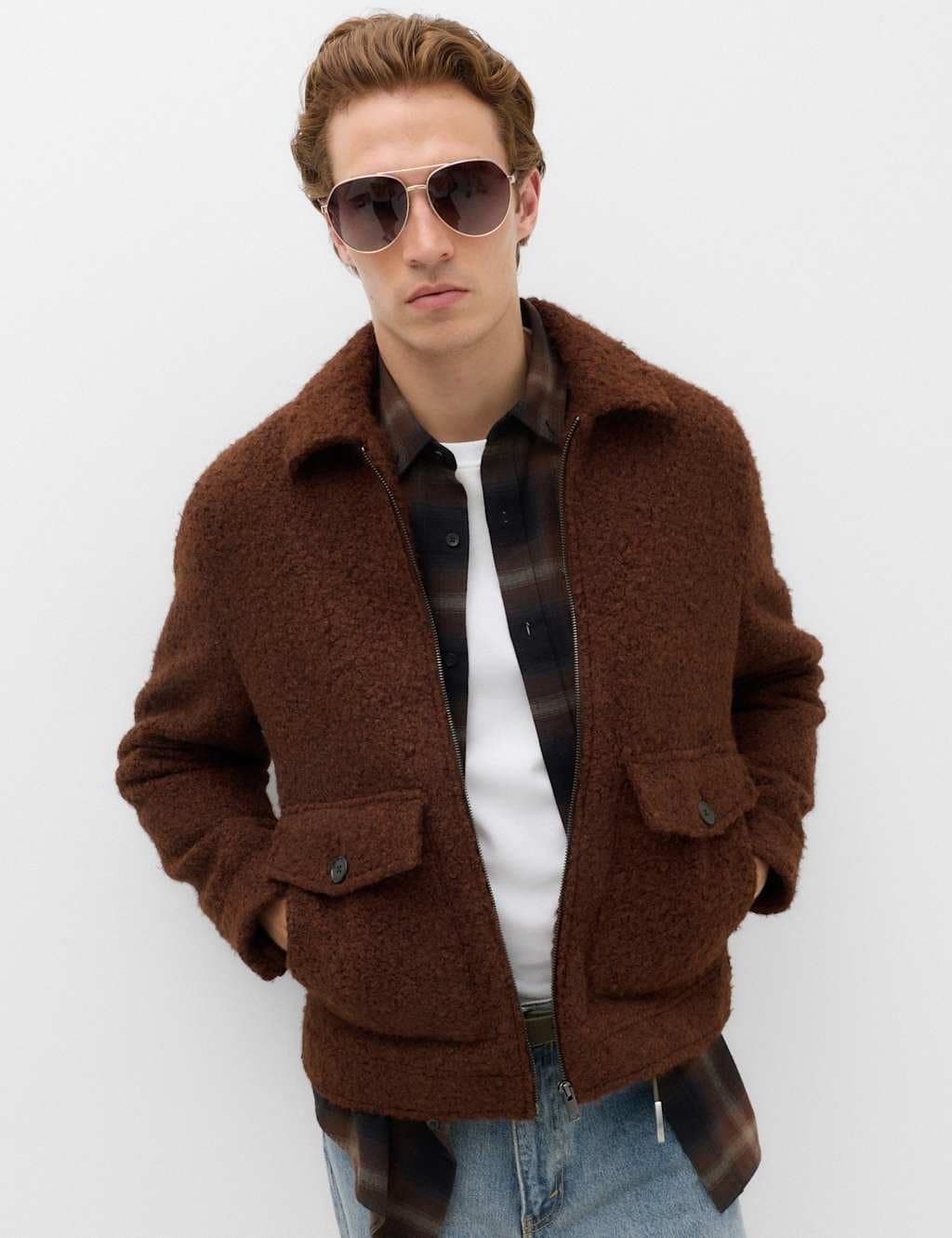 Marks & Spencer M&S Bouclé Zip Through Jacket Brown Mix