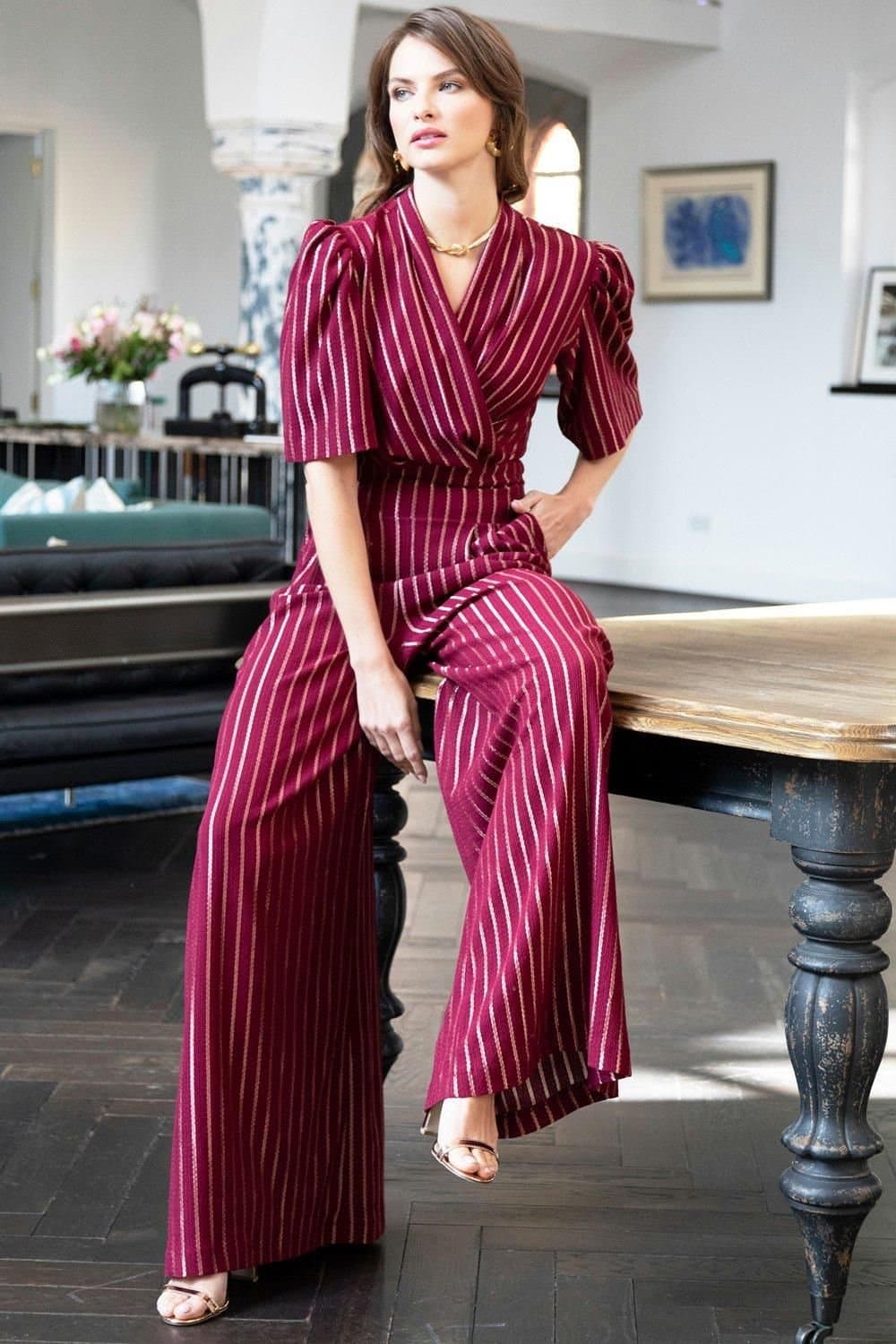 Hot Squash Hot Squash Women's Gold Stripe Wide Leg Jumpsuit in Wine