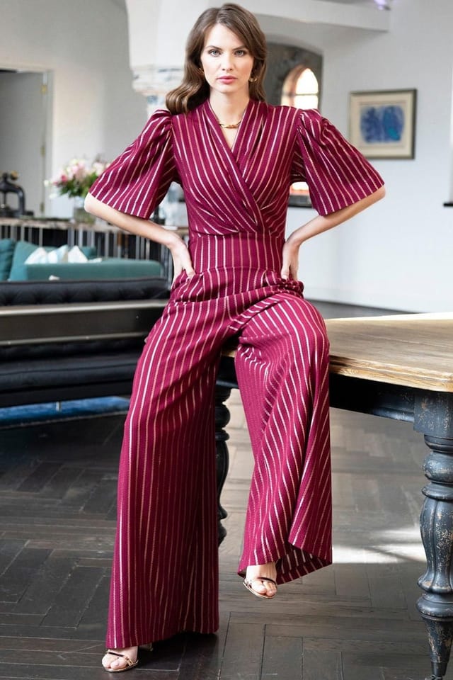 Hot Squash Hot Squash Women's Gold Stripe Wide Leg Jumpsuit in Wine - 2