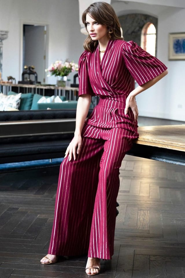Hot Squash Hot Squash Women's Gold Stripe Wide Leg Jumpsuit in Wine - 3