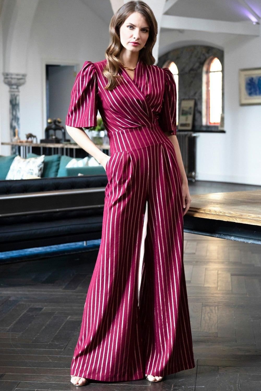 Hot Squash Hot Squash Women's Gold Stripe Wide Leg Jumpsuit in Wine - 4