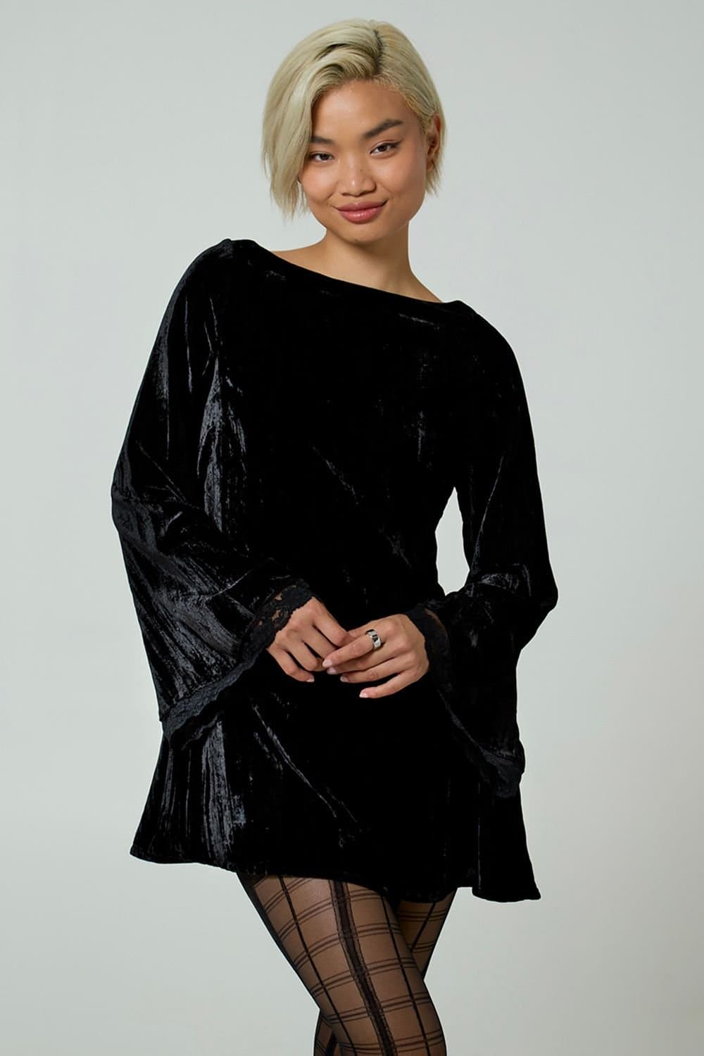 Neon Rose Neon Rose Women's Velvet Bell Sleeve Lace Trim Boat Neck Mini Dress in Black