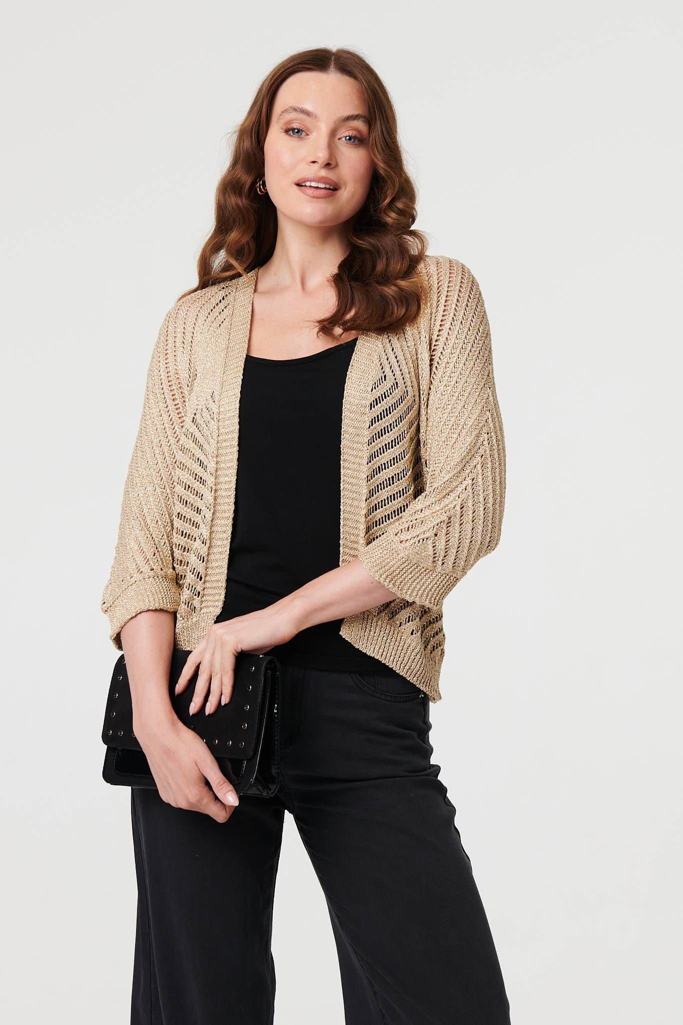 Izabel London Izabel London Women's Chevron Texture Mesh 1/2 Sleeve Cardigan in Metallic Silver